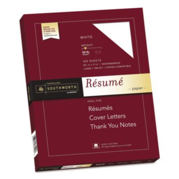 100% Cotton Resume Paper, 95 Bright, 24 Lb Bond Weight, 8.5 x 11, White, 100/Pack