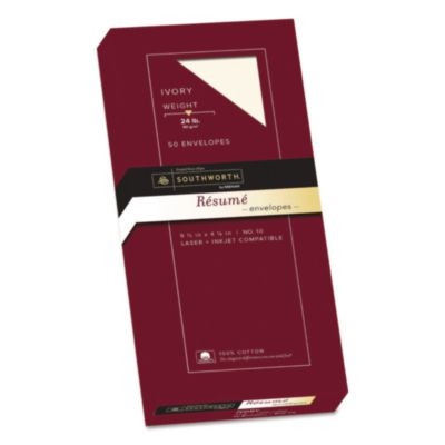 100% Cotton Resume Envelope, #10, Commercial Flap, Gummed Closure, 4.13 X 9.5, Ivory, 50/Box