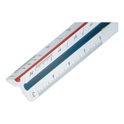 Triangular Scale For Architects, Color-Coded Grooves, 12" Long, Plastic, White, Blister Pack