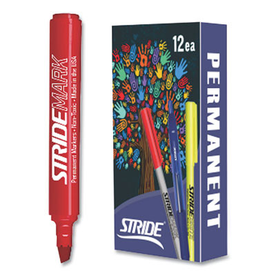Stridemark Permanent Marker, Fine Bullet Tip, Red, 12/Pack