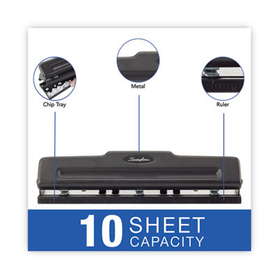 10-Sheet Desktop Light-Duty Two- To Three-Hole Adjustable Punch, 9/32" Holes, Black