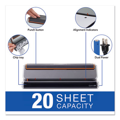 20-Sheet Optima 20 Electric Punch, Three-Hole, 9/32" Holes, Silver/Black