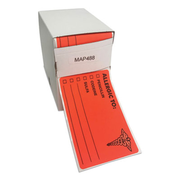 Allergy Warning Labels, Allergic To: Penicilln, Codeine, Sulfa, 2.5 X 4, Fluorescent Red, 100/Roll