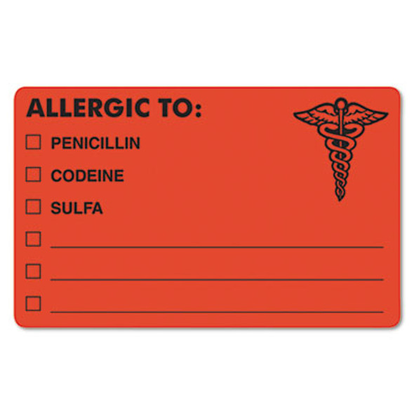 Allergy Warning Labels, Allergic To: Penicilln, Codeine, Sulfa, 2.5 X 4, Fluorescent Red, 100/Roll