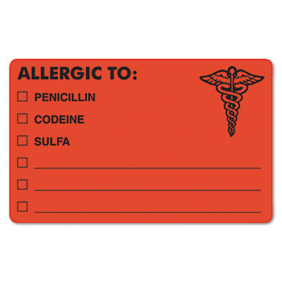 Allergy Warning Labels, Allergic To: Penicilln, Codeine, Sulfa, 2.5 X 4, Fluorescent Red, 100/Roll