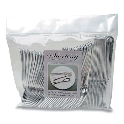 Sterling Assorted Plastic Cutlery, Mediumweight, (20) Forks/(15) Knives/(15) Spoons, Plastic, Silver, 50/Pack