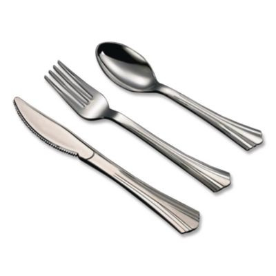 Sterling Assorted Plastic Cutlery, Mediumweight, (20) Forks/(15) Knives/(15) Spoons, Plastic, Silver, 50/Pack
