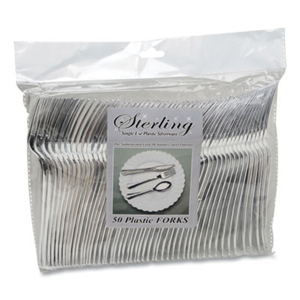 Sterling Heavyweight Plastic Cutlery, Fork, Silver, 50/Pack