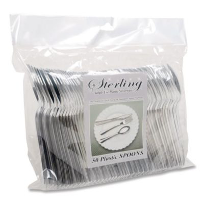 Sterling Heavy-Duty Plastic Cutlery, Spoon, Silver, 50/Pack