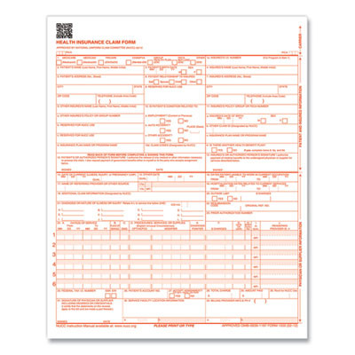 Cms-1500 Health Insurance Claim Form, One-Part (No Copies), 8.5 x 11, 1,000 Forms Total