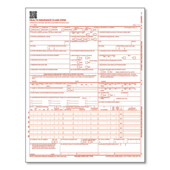 Cms-1500 Health Insurance Claim Form, One-Part (No Copies), 8.5 x 11, 250 Forms Total