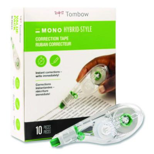 Mono Hybrid Correction Tape Value Pack, Non-Refillable, 0.17" x 32.83 Ft, White Tape, Clear/Green Dispenser, 10/Pack