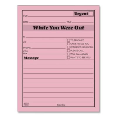 Pink Message Pad, One-Part (No Copies), 4.25 x 5.5, 50 Forms/Pad, 12 Pads/Pack