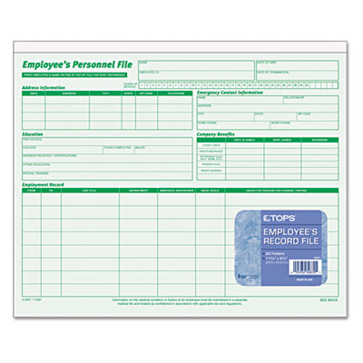 Employee's Record File Folder, Straight Tabs, Letter Size, Index Stock, Green, 20/Pack