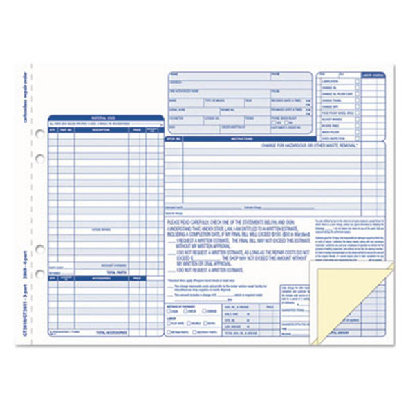 Auto Repair Four-Part Order Form, Four-Part Carbonless, 11 x 8.5, 50 Forms Total