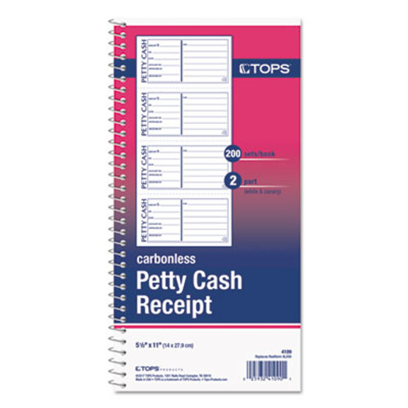 Petty Cash Receipt Book, Two-Part Carbonless, 5 x 2.75, 4 Forms/Sheet, 200 Forms Total