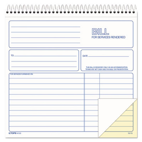 Bill For Services Rendered Book, Two-Part Carbonless, 8.5 x 7.75, 50 Forms Total