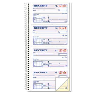 Spiralbound Money And Rent Receipt Book, Two-Part Carbonless, 4.75 x 2.75, 4 Forms/Sheet, 200 Forms Total