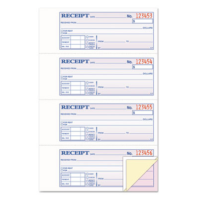 Money And Rent Receipt Book, Account + Payment Sections, Three-Part Carbonless, 7.13 x 2.75, 4 Forms/Sheet, 100 Forms Total