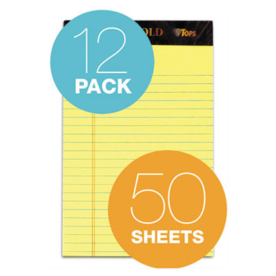 Docket Gold Ruled Perforated Pads, Narrow Rule, (50) Canary Yellow 5 x 8 Sheets, 12/Pack