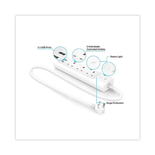 Kasa Smart Wifi 3-Outlet Power Strip, 3 Ac Outlets/2 Usb Ports, White