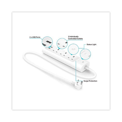 Kasa Smart Wifi 3-Outlet Power Strip, 3 Ac Outlets/2 Usb Ports, White