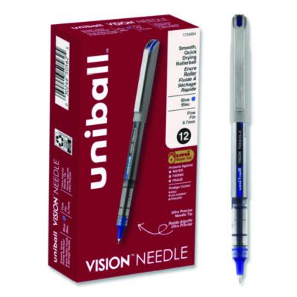 Vision Needle Rollerball Pen, Stick, Fine 0.7 Mm, Blue Ink, Gray/Clear/Blue Barrel, Dozen