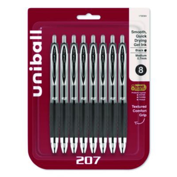 Signo 207 Gel Pen, Retractable, Medium 0.7 Mm, Black Ink, Clear/Black Barrel, 8/Pack