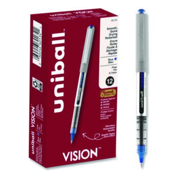 Vision Rollerball Pen, Stick, Fine 0.7 Mm, Blue Ink, Silver/Blue/Clear Barrel, Dozen