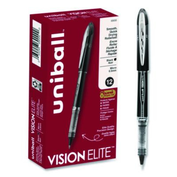 Vision Elite Rollerball Pen, Stick, Micro 0.5 Mm, Black Ink, Black/Clear Barrel