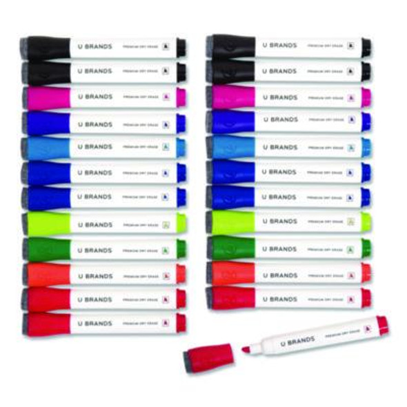Chisel Tip Low-Odor Dry-Erase Markers With Erasers, Broad Chisel Tip, Assorted Colors, 24/Pack