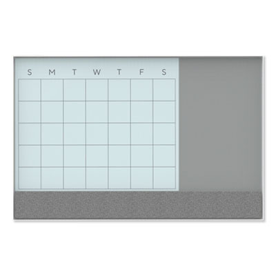 3N1 Magnetic Glass Dry Erase Combo Board, Monthly Planning, 36 x 24 (Actual Size: 35" x 23"), Gray/White Surface, White Frame