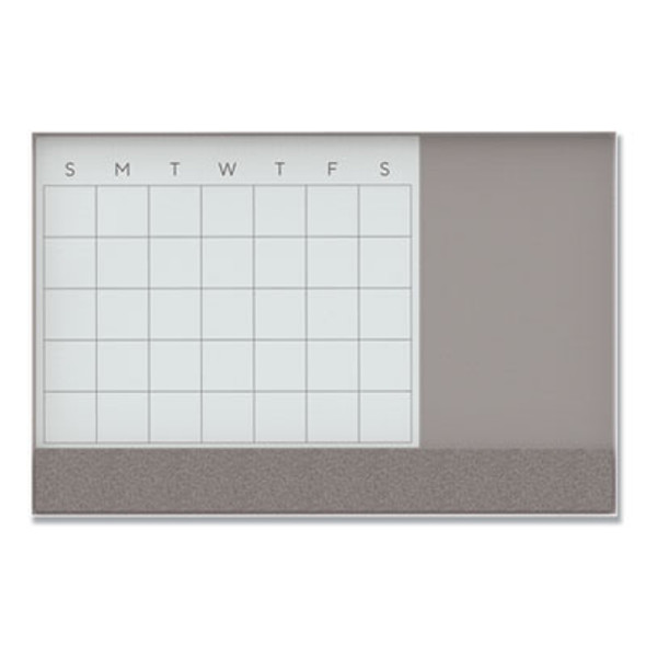 3N1 Magnetic Glass Dry Erase Combo Board, Monthly Planning, 48 x 36 (Actual Size: 47" x 35"), Gray/White Surface, White Frame
