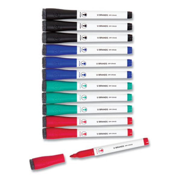 Medium Point Low-Odor Dry-Erase Markers With Erasers, Medium Bullet Tip, Assorted Colors, 12/Pack
