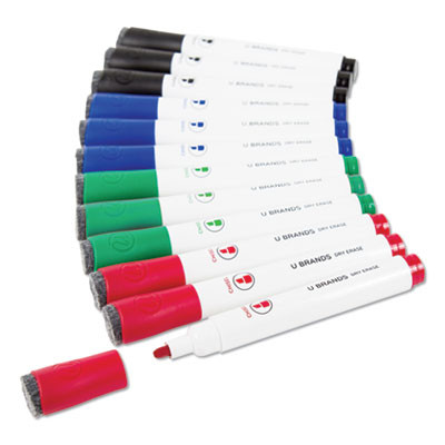 Chisel Tip Low-Odor Dry-Erase Markers With Erasers, Broad Chisel Tip, Assorted Colors, 12/Pack