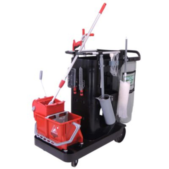 Restroomrx Janitorial Carts With 16 Qt Bucket, Plastic, 2 Shelves, 23.5 x 19 x 25, Black