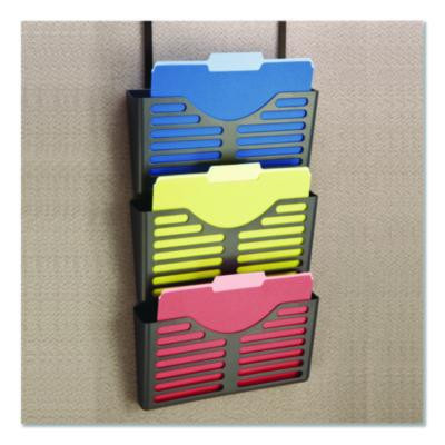 Recycled Plastic Cubicle Triple File Pocket, Cubicle Pins Mount, 13.5 x 4.75 x 28, Charcoal, 3/Pack