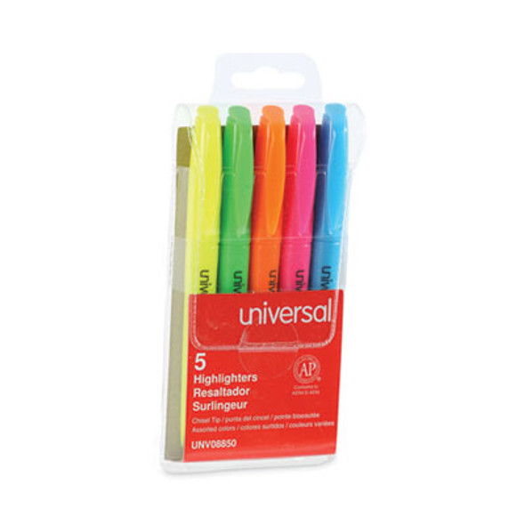 Pocket Highlighters, Assorted Ink Colors, Chisel Tip, Assorted Barrel Colors, 5/Set