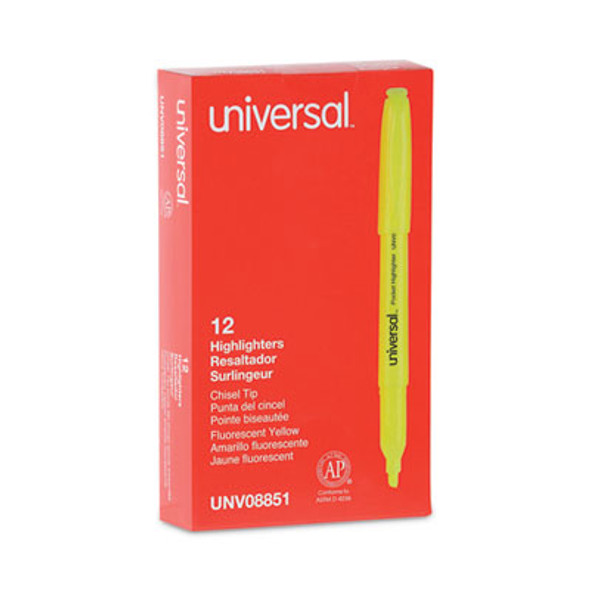 Pocket Highlighters, Fluorescent Yellow Ink, Chisel Tip, Yellow Barrel, Dozen