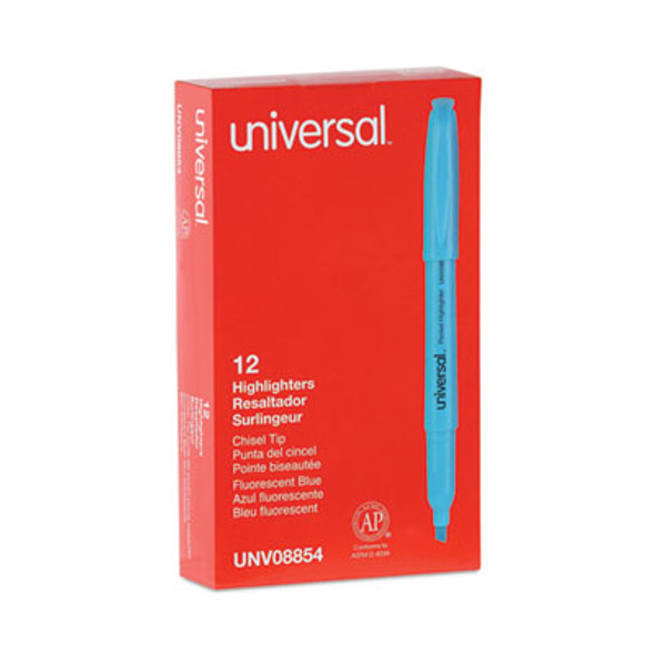 Pocket Highlighters, Fluorescent Blue Ink, Chisel Tip, Blue Barrel, Dozen