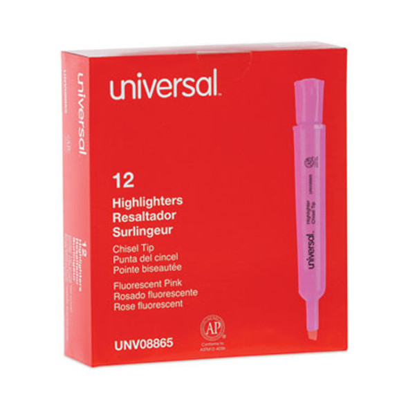 Desk Highlighters, Fluorescent Pink Ink, Chisel Tip, Pink Barrel, Dozen