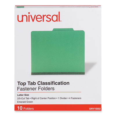 Pressboard Classification Folders, 2/5-Cut Tab, Expands 2", 1 Divider, 4 Fasteners, Letter Size, Emerald Green, 10/Box