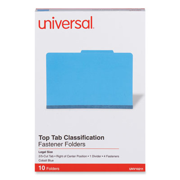 Pressboard Classification Folders, 2/5-Cut Tab, Expands 2", 1 Divider, 4 Fasteners, Legal Size, Cobalt Blue, 10/Box