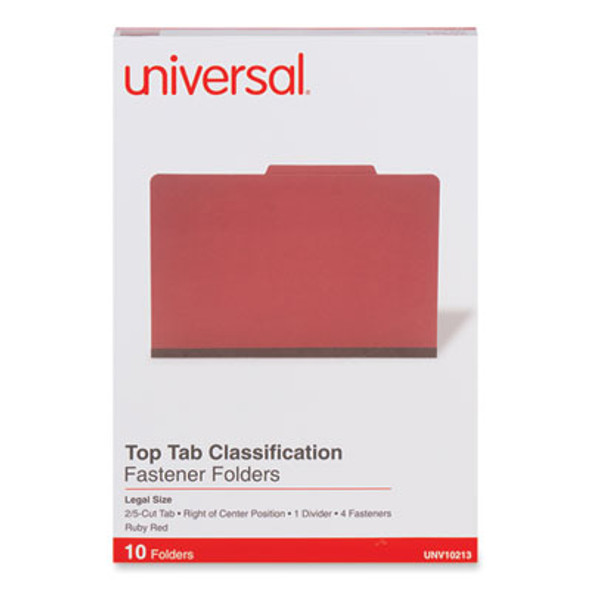 Bright Colored Pressboard Classification Folders, 2" Expansion, 1 Divider, 4 Fasteners, Legal Size, Ruby Red Exterior, 10/Box