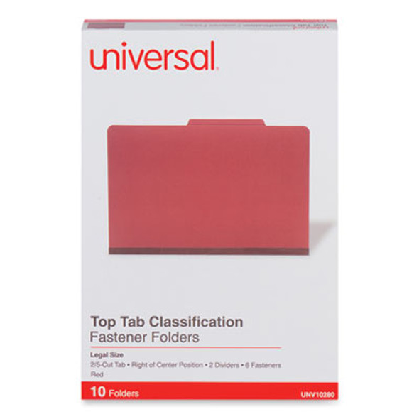 Pressboard Classification Folders, 2/5-Cut Tab: Right Of Center, Expands 2", 2 Dividers, 6 Fasteners, Legal Size, Red, 10/Box