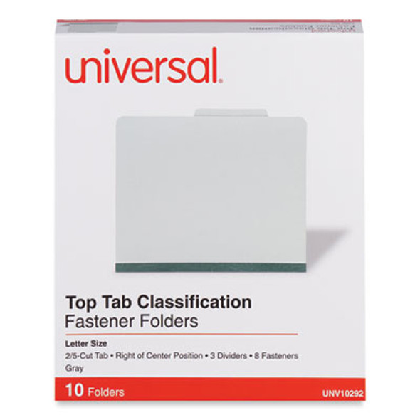 Eight-Section Pressboard Classification Folders, 3" Expansion, 3 Dividers, 8 Fasteners, Letter Size, Gray Exterior, 10/Box