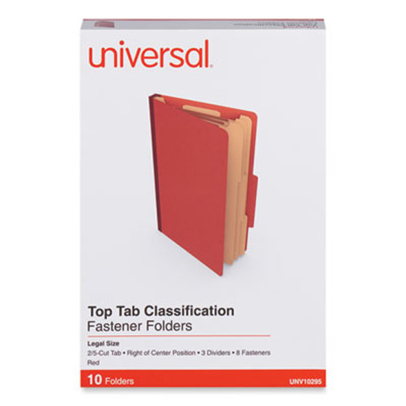 Pressboard Classification Folders, 2/5-Cut Tab: Right Of Center, Expands 3", 3 Dividers, 8 Fasteners, Legal Size, Red, 10/Box