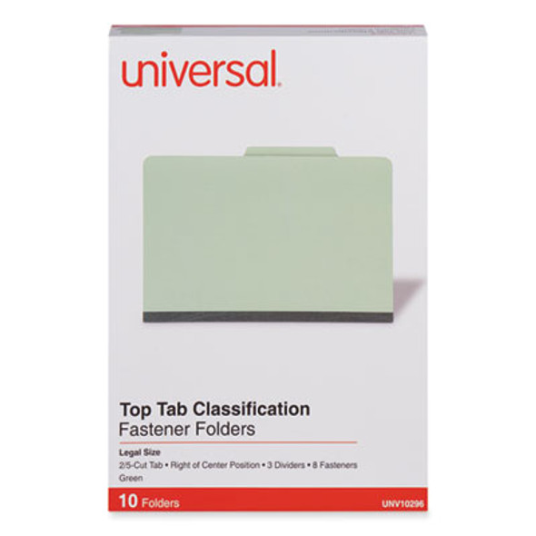 Pressboard Classification Folders, 2/5 Tab: Right Of Center, Expands 3", 3 Dividers, 8 Fasteners, Legal Size, Green, 10/Box