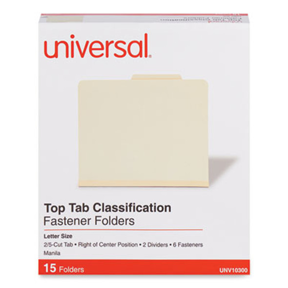 Classification Folders, 2/5-Cut Tab: Right Of Center, Expands 2", 2 Dividers, 6 Fasteners, Letter Size, Manila, 15/Box