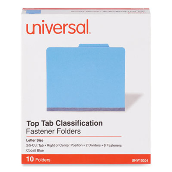 Pressboard Classification Folders, 2/5-Cut Tab, Expands 2", 2 Dividers, 6 Fasteners, Letter Size, Cobalt Blue, 10/Box
